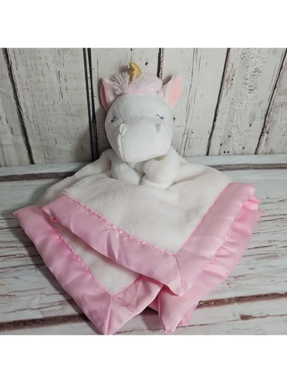 Carters White Unicorn Plush Pink Satin Trim Security Blanket Lovey Gold Horn